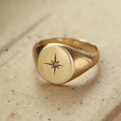 טבעת חותם קלי כוכב ויהלום זהב 14K Rings 14K צהוב